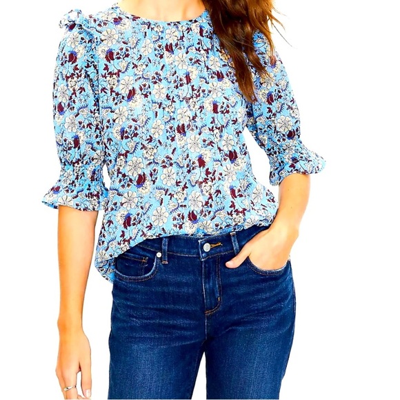 LOFT Shimmer Floral Pintucked Puff Sleeve Top - Size Small - Picture 1 of 7